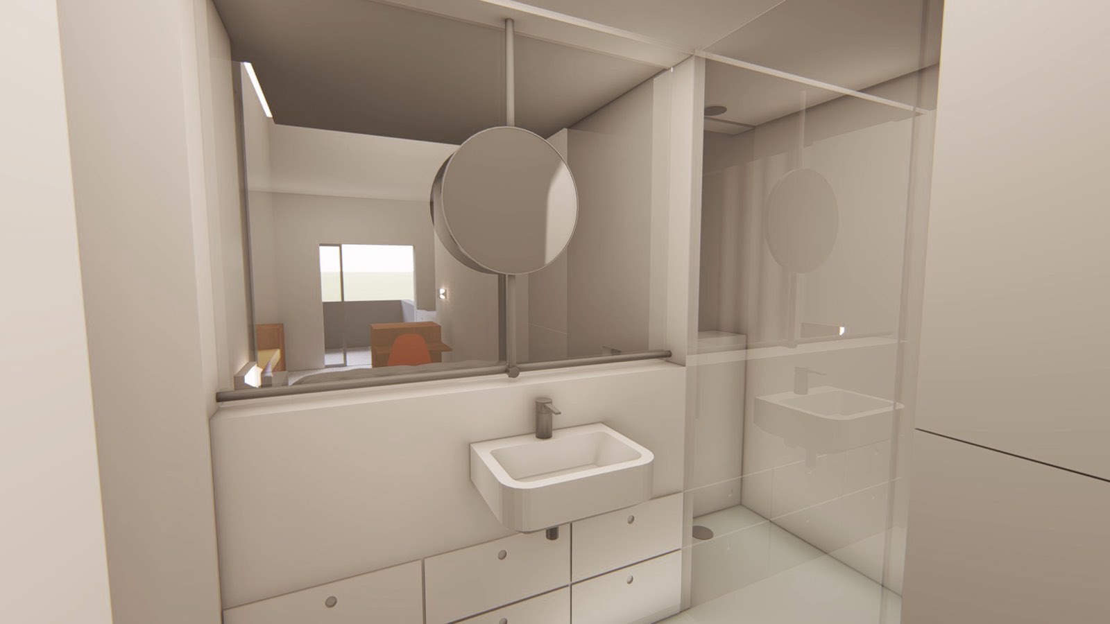The bathroom, divided from the room by switchable glass