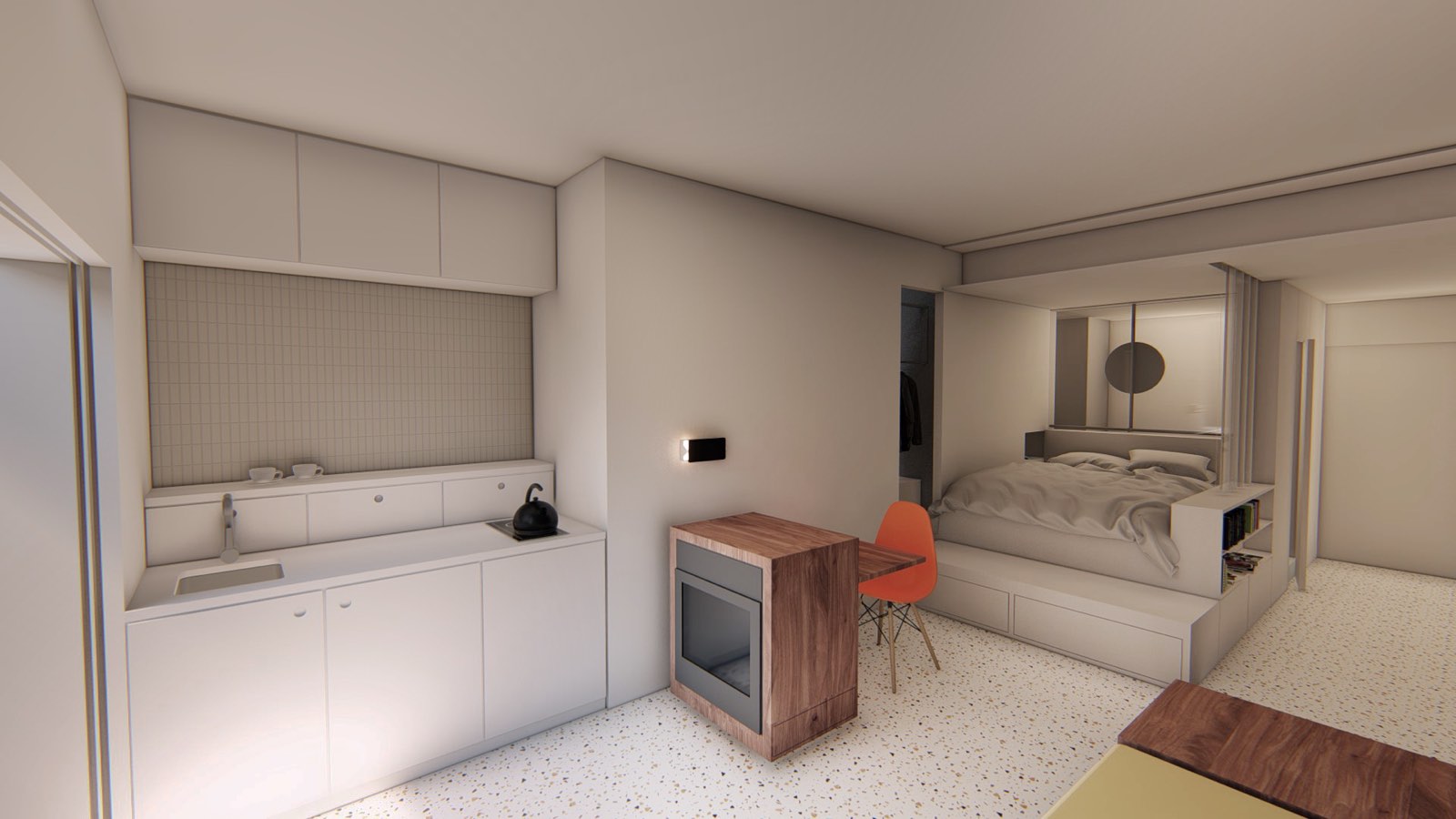 The living volume — kitchen, dining and bed platform in one space